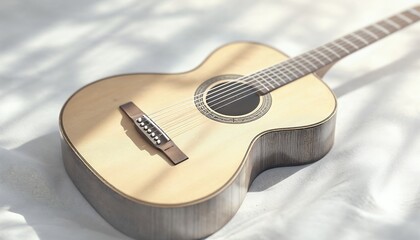 Obraz premium Acoustic Guitar Displayed on Soft White Fabric in Gentle Sunlight