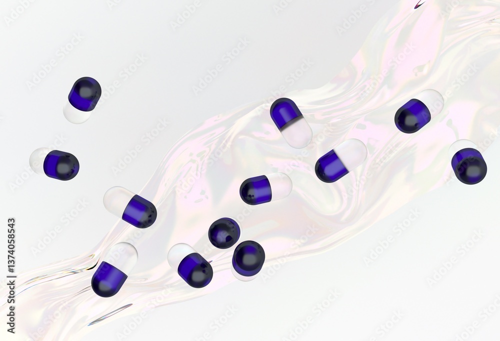 Aufkleber Blue and white capsules float in mid-air against a swirled, liquid-like background, creating a dynamic and fluid 3D illustration with a modern, abstract feel.
