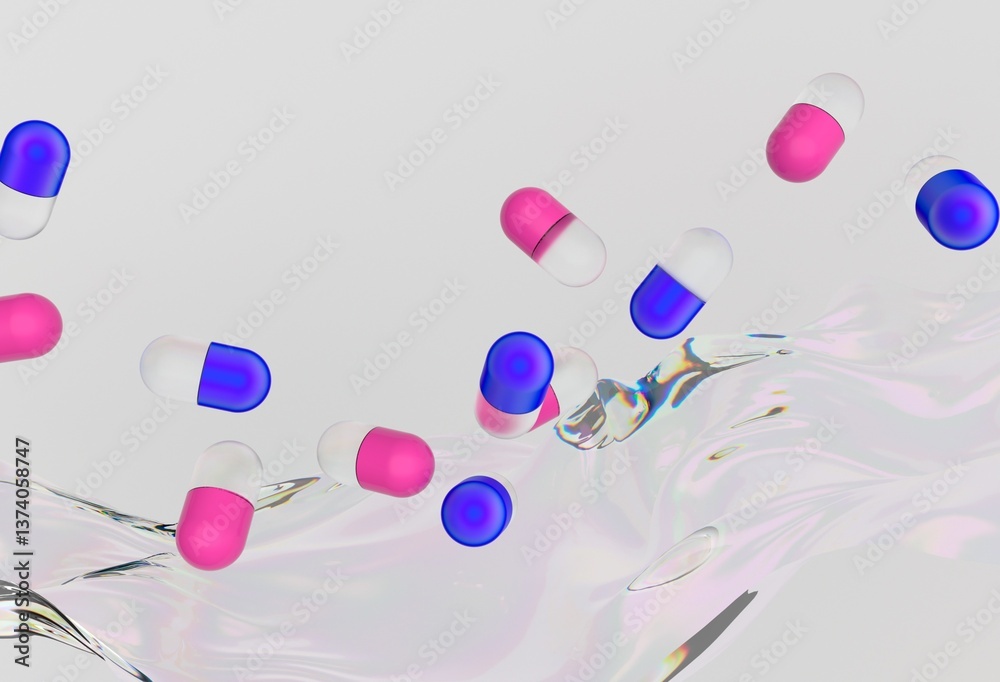 Poster Pink and blue capsules float above a swirling, liquid-like background in a vibrant 3D illustration, creating a dynamic and modern visual with an abstract and futuristic feel.