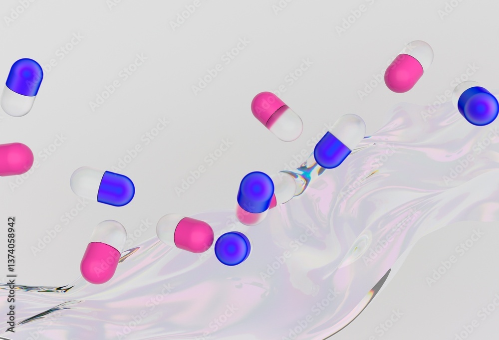 Poster Pink and blue capsules float above a swirling, liquid-like background in a vibrant 3D illustration, creating a dynamic and modern visual with an abstract and futuristic feel.