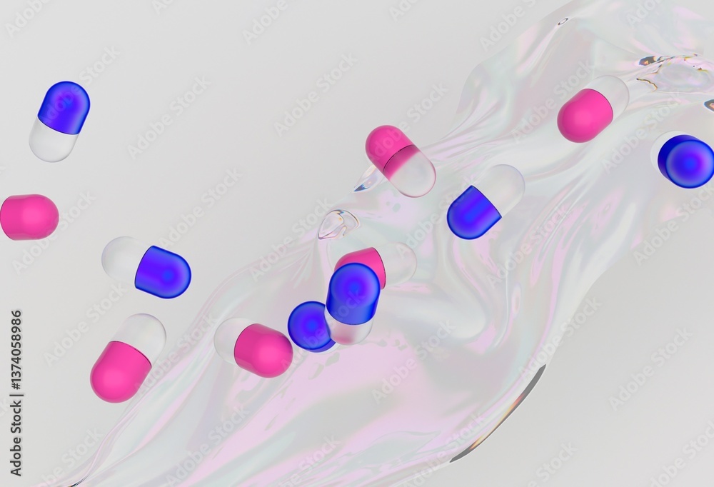 Poster Pink and blue capsules float above a swirling, liquid-like background in a vibrant 3D illustration, creating a dynamic and modern visual with an abstract and futuristic feel.