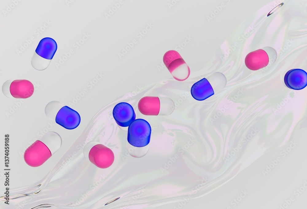 Aufkleber pink and blue capsules float above a swirling, liquid-like background in a vibrant 3d illustration, 
