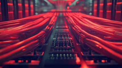 A close-up shot of an Internet network switch with ethernet plugged in and ready for use in a modern office. AI generative