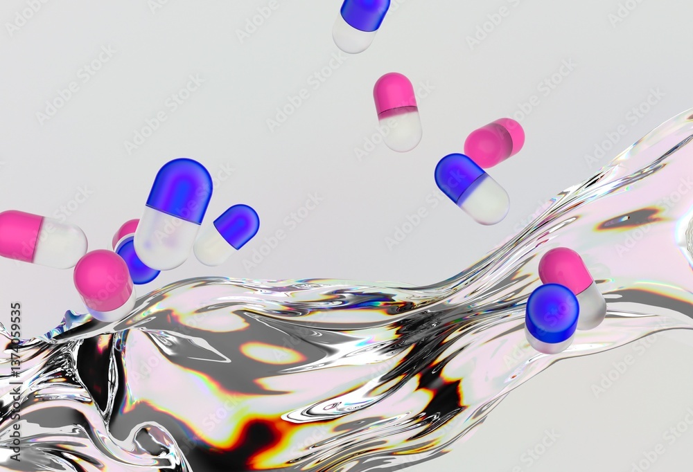 Poster pink and blue capsules floating above a reflective, fluid-like surface against a light background, c