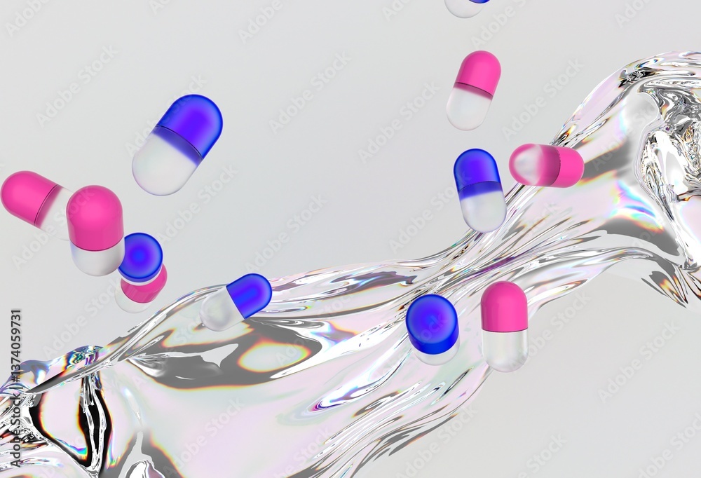 Poster pink and blue capsules floating above a reflective, fluid-like surface against a light background, c
