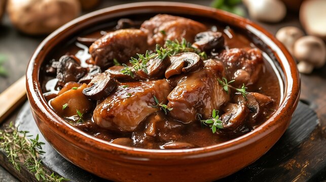 Traditional coq au vin with braised chicken, mushrooms, and red wine sauce in rustic ceramic bowl