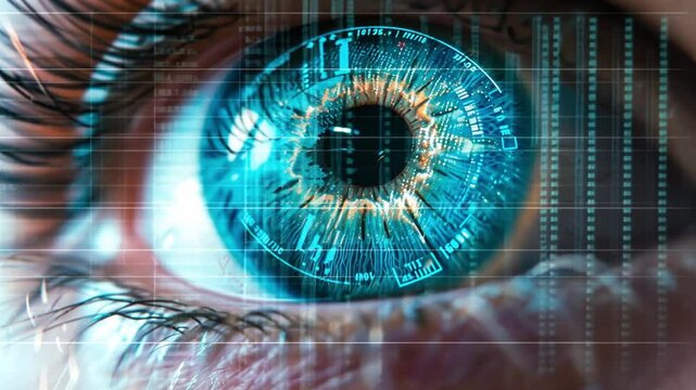 Close-up of a human eye featuring vivid colors and detailed digital elements that resemble patterns and intricate designs, creating a futuristic and captivating visual experience