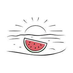 A juicy watermelon slice with big seeds and a sunny beach Isolated on transparent background