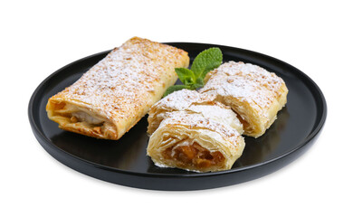 Tasty apple strudels with powdered sugar and mint isolated on white