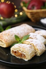 Tasty apple strudels with powdered sugar and mint on table, closeup