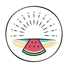 A juicy watermelon slice with big seeds and a sunny beach Isolated on transparent background