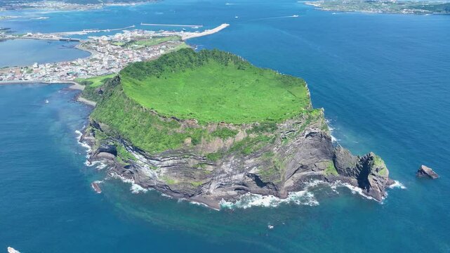 Jeju Seongsan Ilchulbong Tuff Cone aerial view of the island of crete