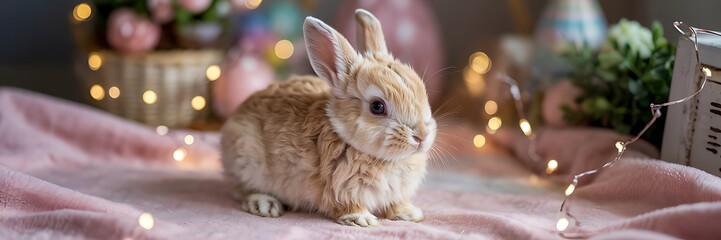 Obraz premium Adorable Baby Bunny Sitting on Soft Pastel Pink Fluffy Surface with Dreamy Blurred Bokeh Background in Warm Tones Perfect for Easter Celebrations Spring-Themed Designs Cute Animal Stock Photography