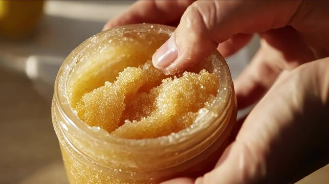 Close-up of a hand scooping natural sugar scrub from a jar in sunlight, enhancing skincare routine.