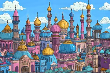 Fototapeta premium Vibrant pastel colors bring to life a fantastical isometric city filled with imaginative and intricate architectural details