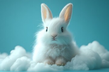Obraz premium Baby rabbit is sitting on a cloud of cottony white clouds. The rabbit is looking up at the camera with a curious expression. The scene is whimsical and playful