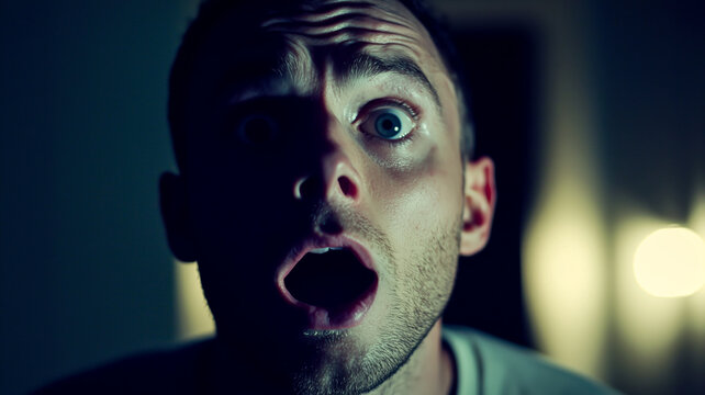 Man in dark, staring wide-eyed with a shocked expression. Intense focus on reaction, fear, and surprise on expressive face.
