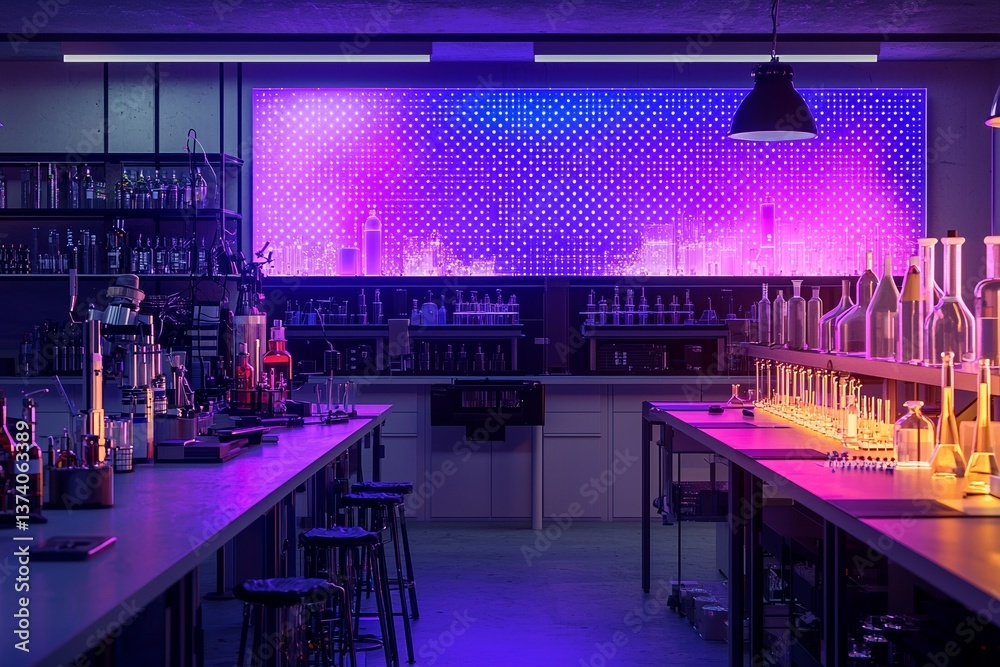 Poster a futuristic lab setting includes tables lined with equipment and screens that glow with data being 