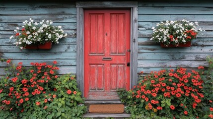 Naklejka premium Rustic, red door with flower planters, charming cottage