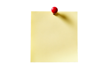 
Yellow sticky note with red pushpin on white background, office memo reminder