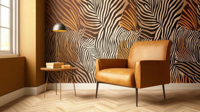 A wild animal print wallpaper design with a mix of zebra and tiger stripes in earthy tones, transforming the room into a modern jungle-inspired space.