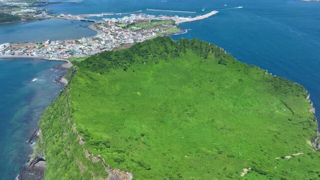Jeju Seongsan Ilchulbong Tuff Cone aerial view of the island of crete