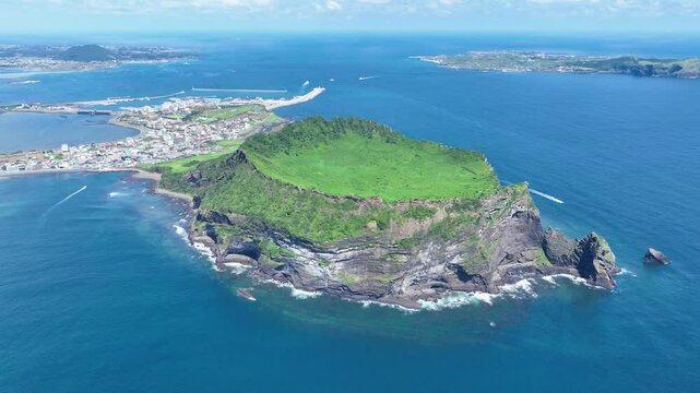 Jeju Seongsan Ilchulbong Tuff Cone aerial view of the island of crete