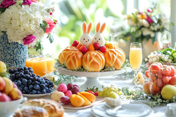 Obraz premium Brunch table with Easter breads and fruit, mimosas and flowers highlight cheerful spring holiday display