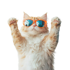 Fluffy orange and white cat wearing oversized orange sunglasses with paws raised