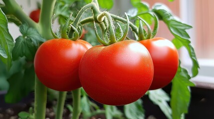 Close-up of ripe tomatoes growing on a healthy tomato plant in a home garden, showcasing vibrant red fruit under natural sunlight.