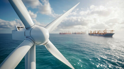 Close up on white wind turbine generator standing in coastal waters, with cargo ships in the background.