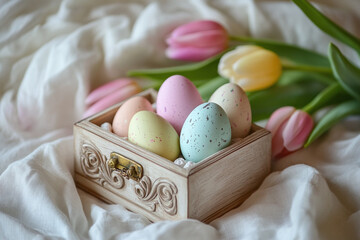 Carved wooden box with pastel eggs on linen, tulip backdrop adds charm to joyful and festive Easter scene