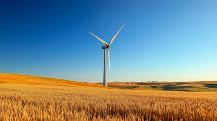 Wind turbine generator positioned in a sunlit, golden wheat field.