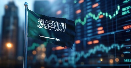 Saudi Arabian flag against stock market displays, blending national pride with financial growth.
