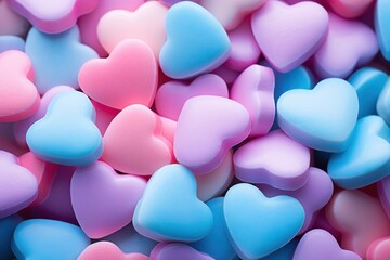 Fototapeta premium Close up A pile of heart-shaped candies in pastel colors candy confectionery valentine.