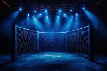 Empty MMA cage under dramatic blue lighting, creating a tense and anticipatory atmosphere.