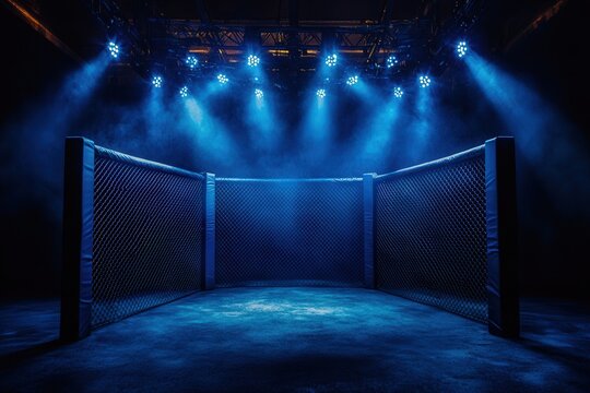Empty MMA cage under dramatic blue lighting, creating a tense and anticipatory atmosphere.