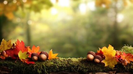 Acorns and vibrant fall leaves rest gently on a moss-covered log, offering a warm, earthy backdrop with room for seasonal text.

