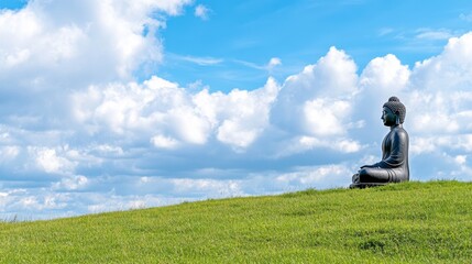 Black Buddha statue sits on a grassy hill against a bright blue sky with fluffy white clouds. Peaceful and serene outdoor scene.