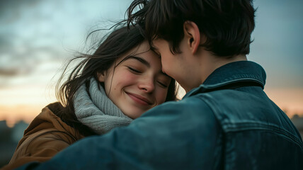 Fototapeta premium Close-up of a couple embracing affectionately, with a warm, happy mood, against a dusky, soft-lit background.