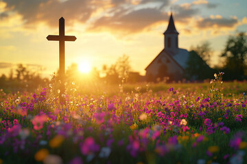 Sunrise over spring field with church steeple and wooden cross, soft light casting shadows and flowers blooming in peaceful Easter scene