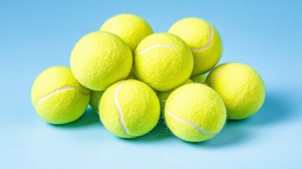 Pile of yellow tennis balls on a light blue background. Close up studio shot.