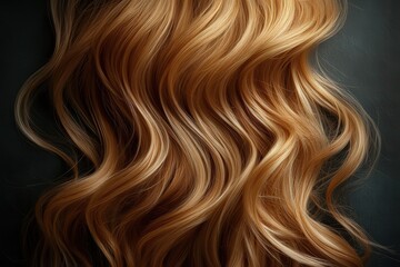 Fototapeta premium Wavy, flowing blonde hair shines against a dark, textured background, highlighting its vibrant and glossy appeal.
