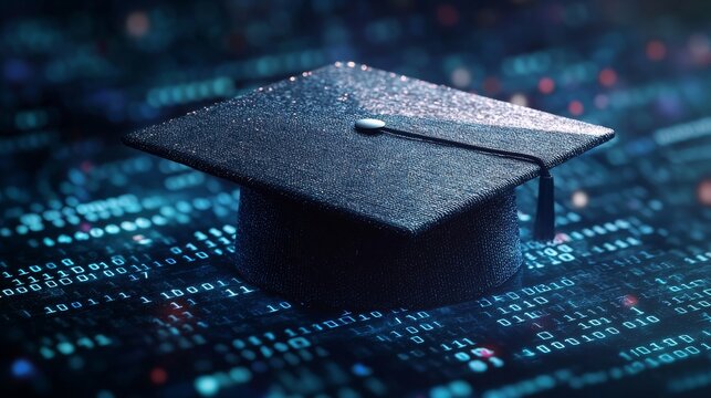 In a conceptual illustration, a graduation cap with a futuristic light burst embodies academic achievement and visionary potential, luminiferous, symbolizing the transformative power of education