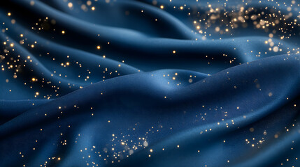 Elegant blue satin fabric with sparkling glitter particles creating a luxurious and dreamy atmosphere for fashion and design projects, textile concept