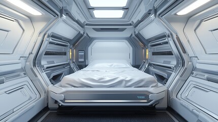 The idea of hospital medicine and wellness is illustrated by a state-of-the-art hospital room, equipped with a sleek white bed and sophisticated lighting