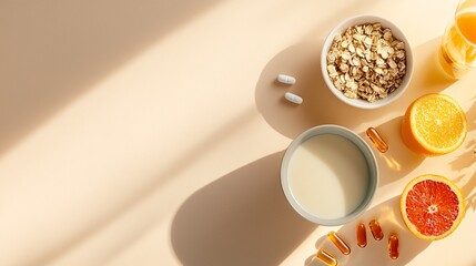 vitamin D with diet and fit Concept. Healthy Breakfast Arrangement with Supplements and Fruit