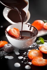 A chocolate dessert with a glossy mirror glaze, artfully decorated with thinly sliced fresh fruits