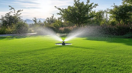 Water sprays in graceful arcs from an automatic sprinkler, glistening in the sunlight as it nourishes a vibrant green lawn.

