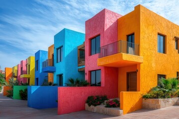 Vibrant colorful houses under a clear blue sky create a lively and artistic neighborhood scene.